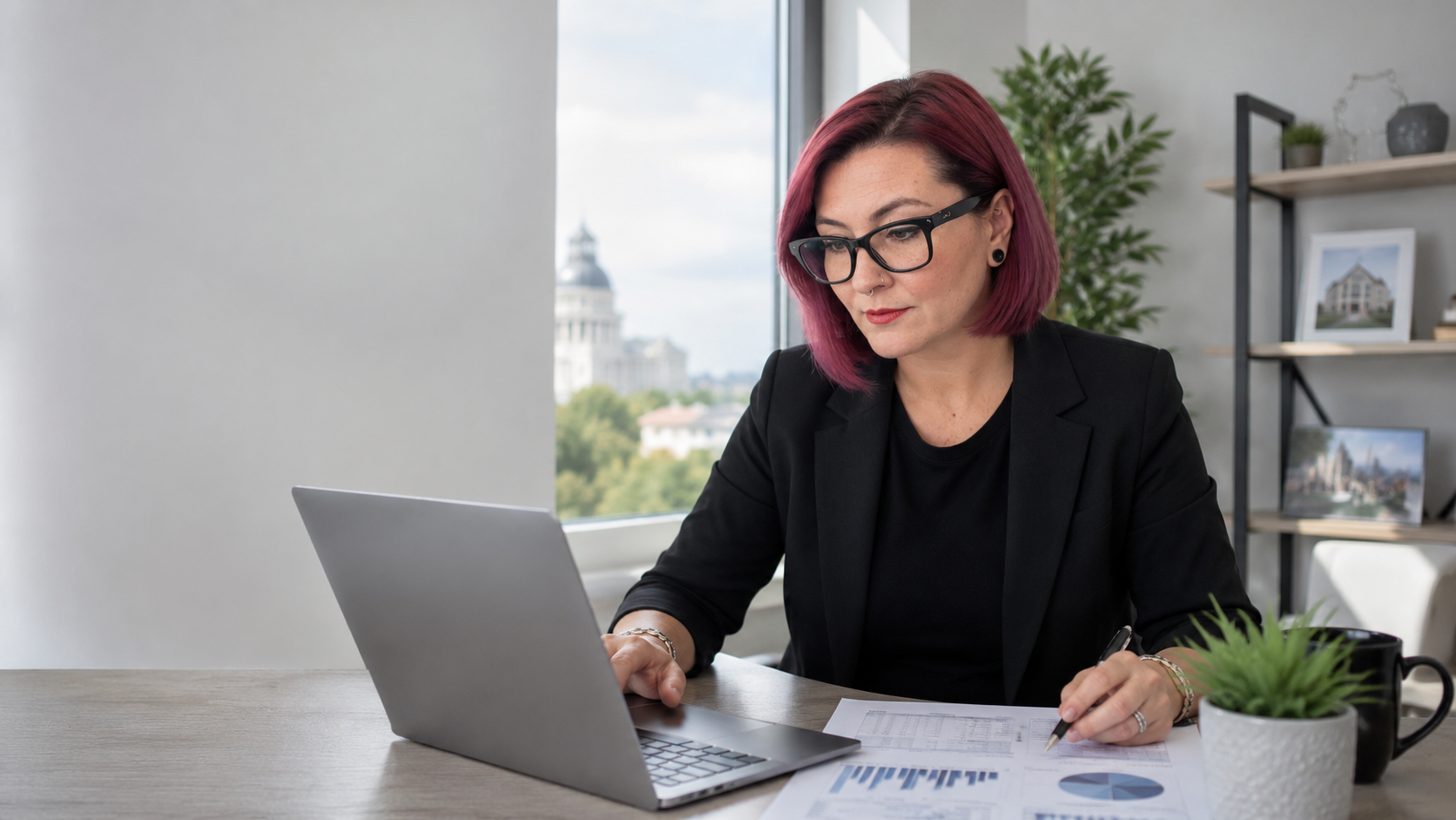 Savannah Hill, REALTOR, reviewing market data and financial charts on a laptop at her office desk with the Columbia, SC skyline visible through the window behind her