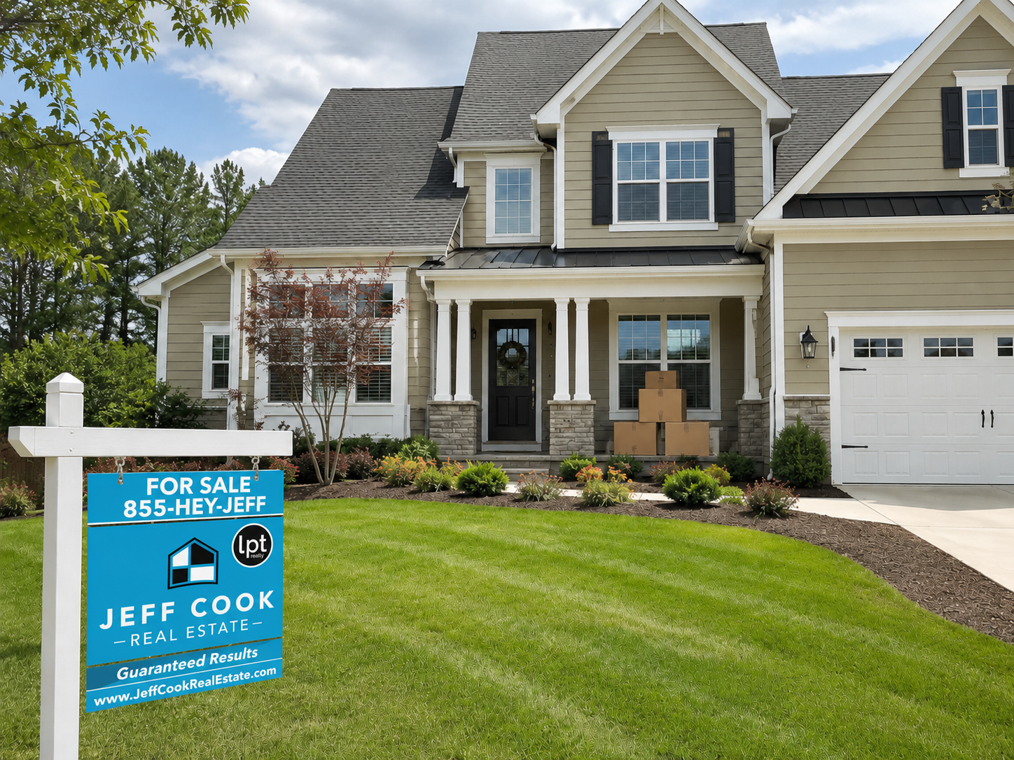 Jeff Cook Real Estate For Sale sign in front of a Midlands home with moving boxes on the porch