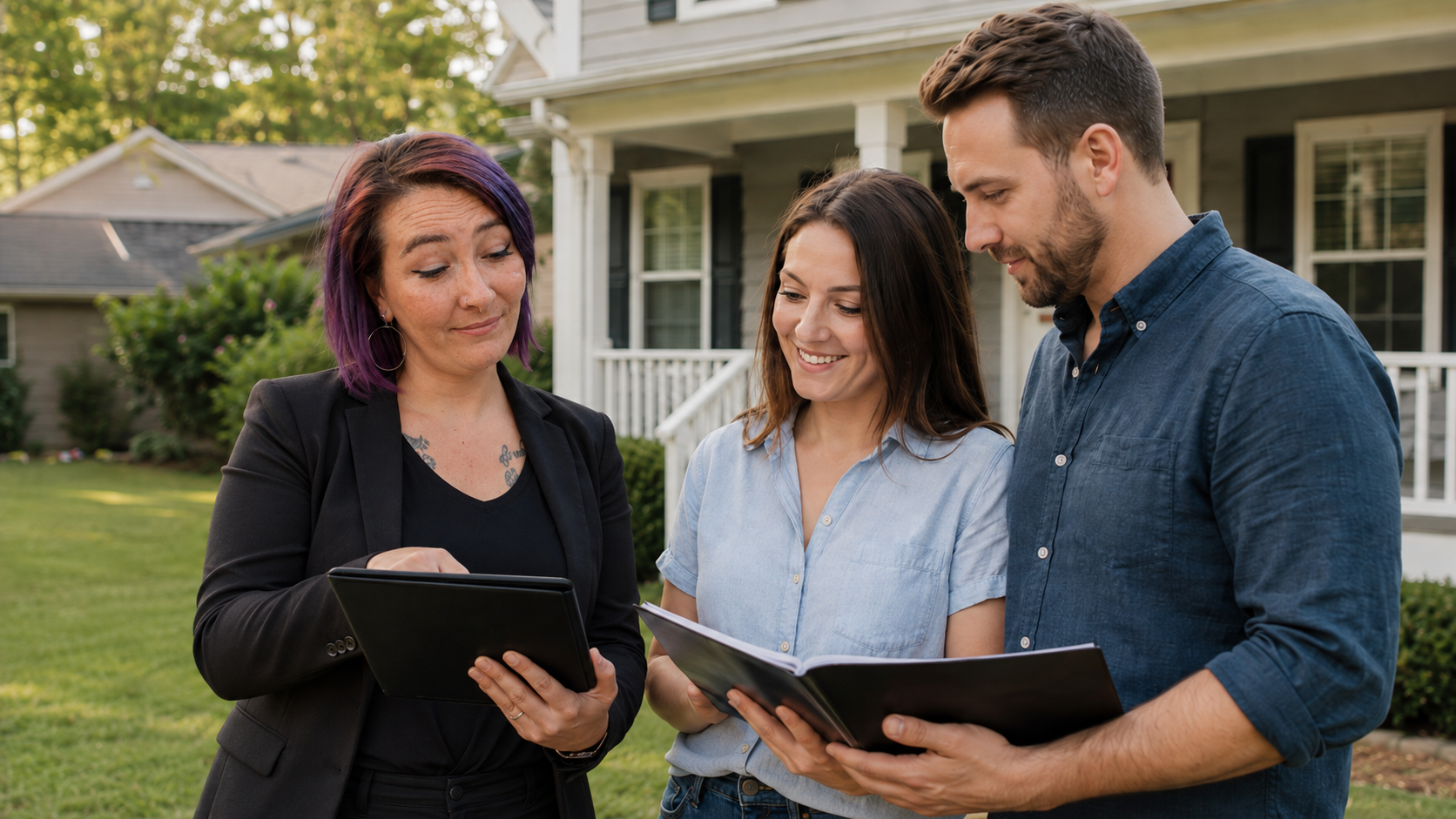 A REALTOR® reviewing details on a tablet with first-time buyers standing in the front yard of a home for sale in the Midlands.