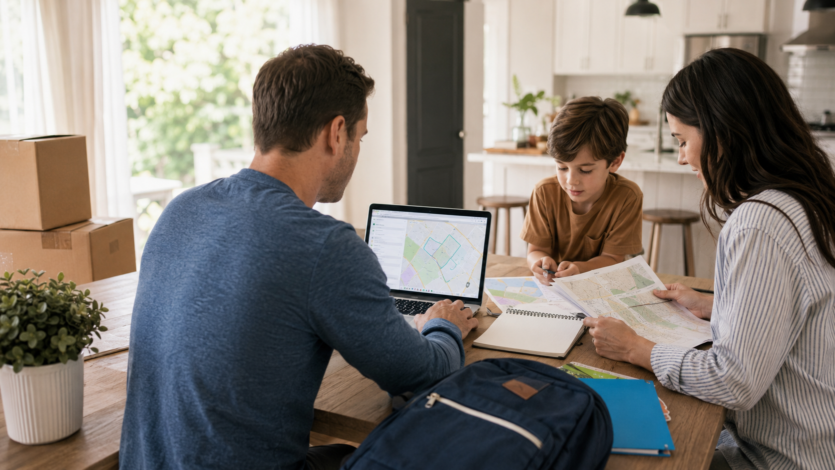 A family researching school attendance zones on a laptop map tool at their kitchen table while packing for a move, with moving boxes and a backpack nearby.
