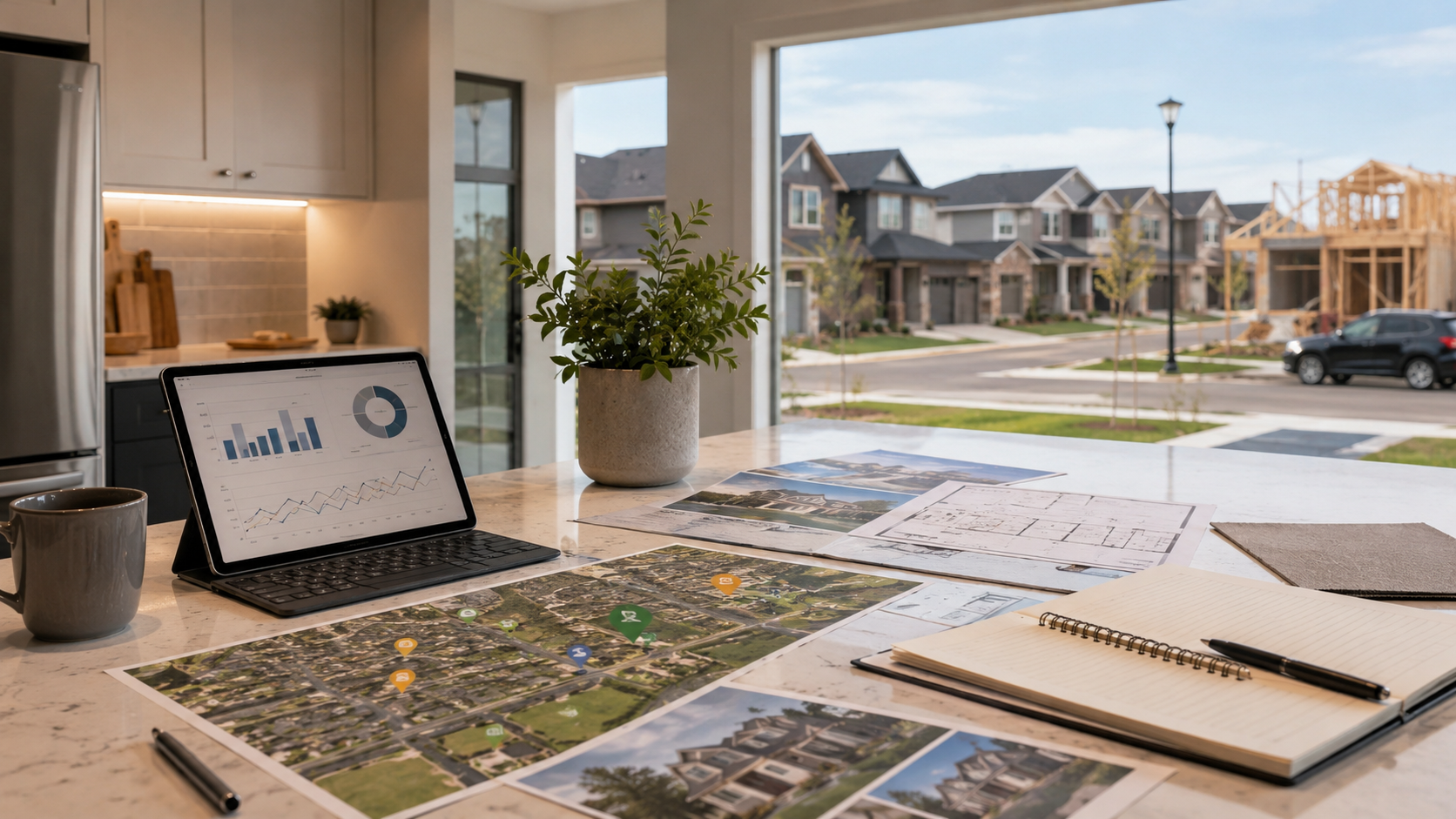 AI-generated illustrative image of a tablet showing real estate market charts on a kitchen counter, with an aerial map, listing photos, and floor plans, representing how buyers and sellers research a housing market. Not an actual property, listing, or client.