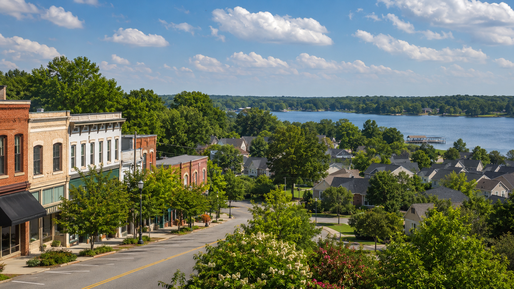 Illustration representing historic downtown, residential neighborhoods, and lake living in Kershaw County, South Carolina.