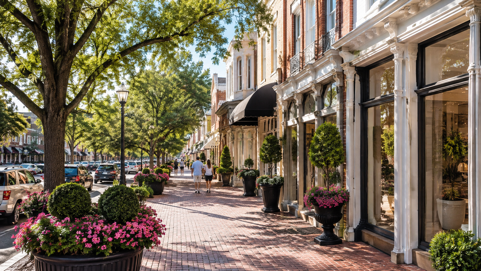 Historic downtown Aiken, South Carolina, with brick sidewalks, shops, and flower planters.