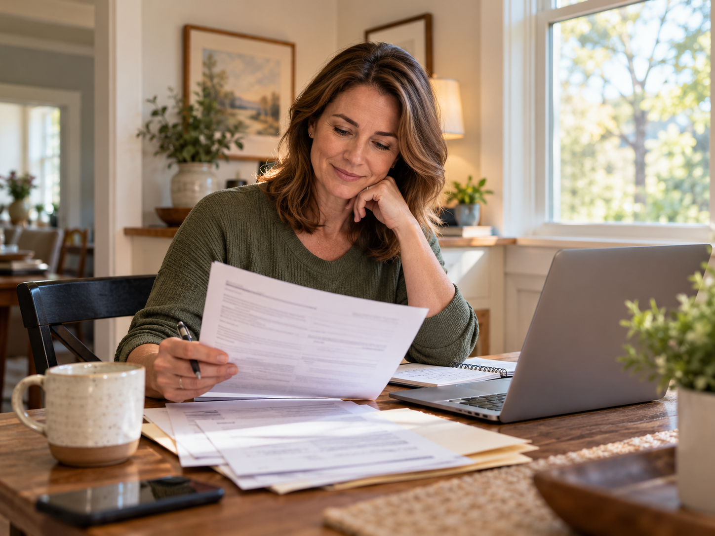 A homeowner reviewing property tax paperwork and a laptop at a home desk